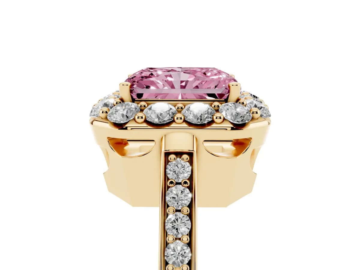 Fancy Pink Radiant Cut Diamond Floral Halo Ring with Pavé Band and Prong Setting Yellow gold
