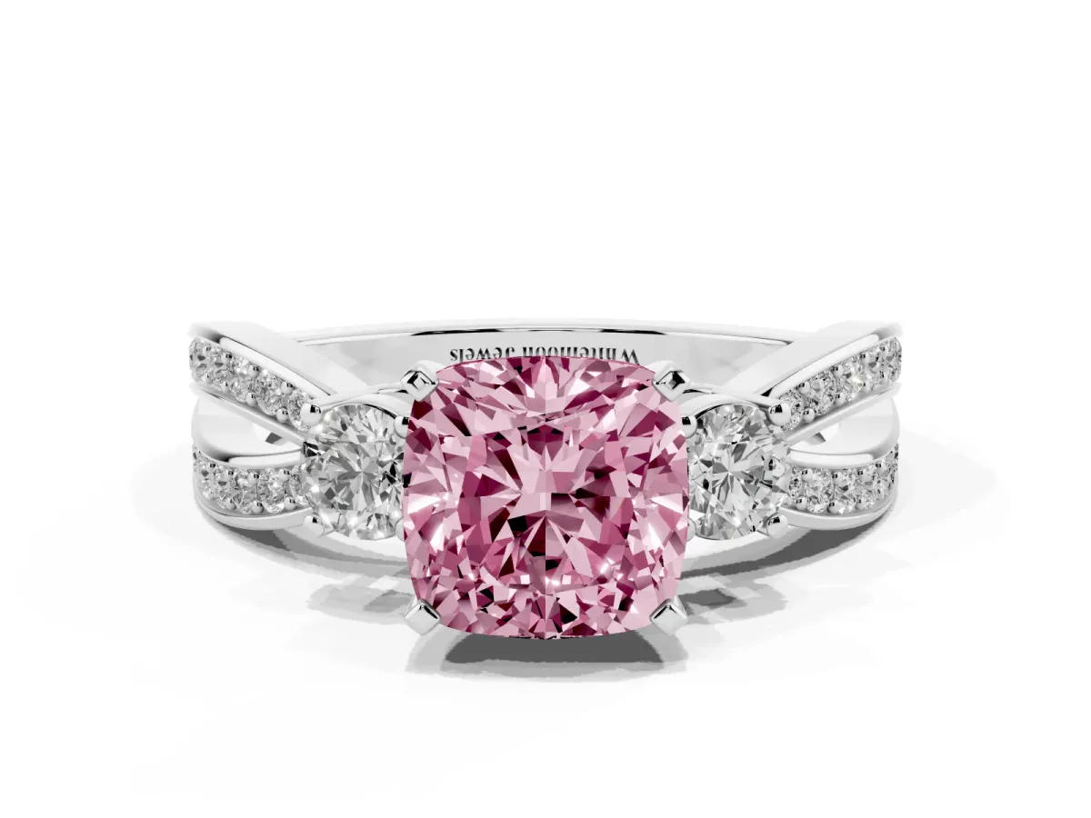 Fancy Pink Three-Stone Cushion Cut Cut Diamond Twist Band with Prong Setting Silver