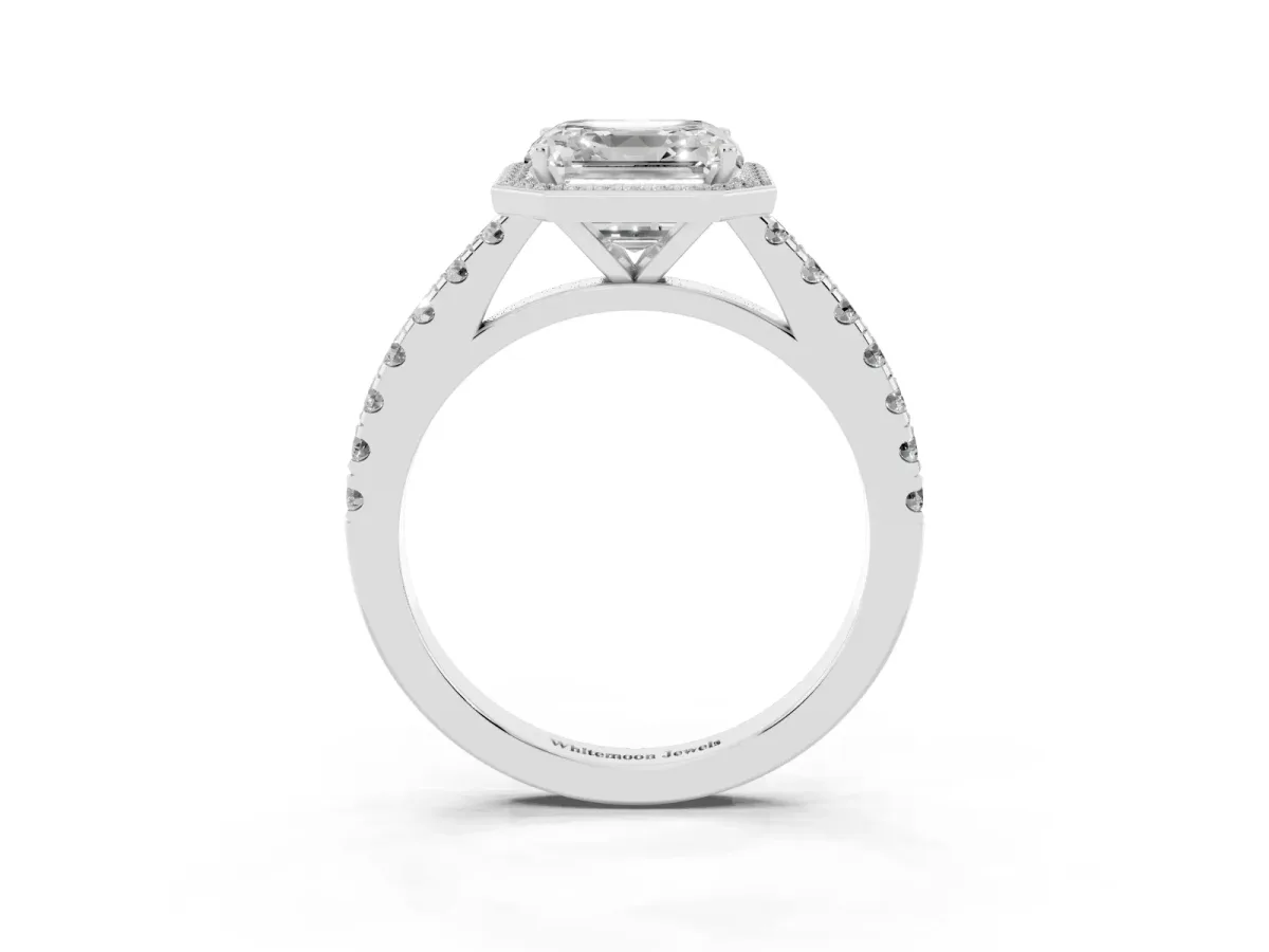 Asscher Cut Cut Halo Diamond Engagement Ring with Pave Band and Four-Prong Setting White gold