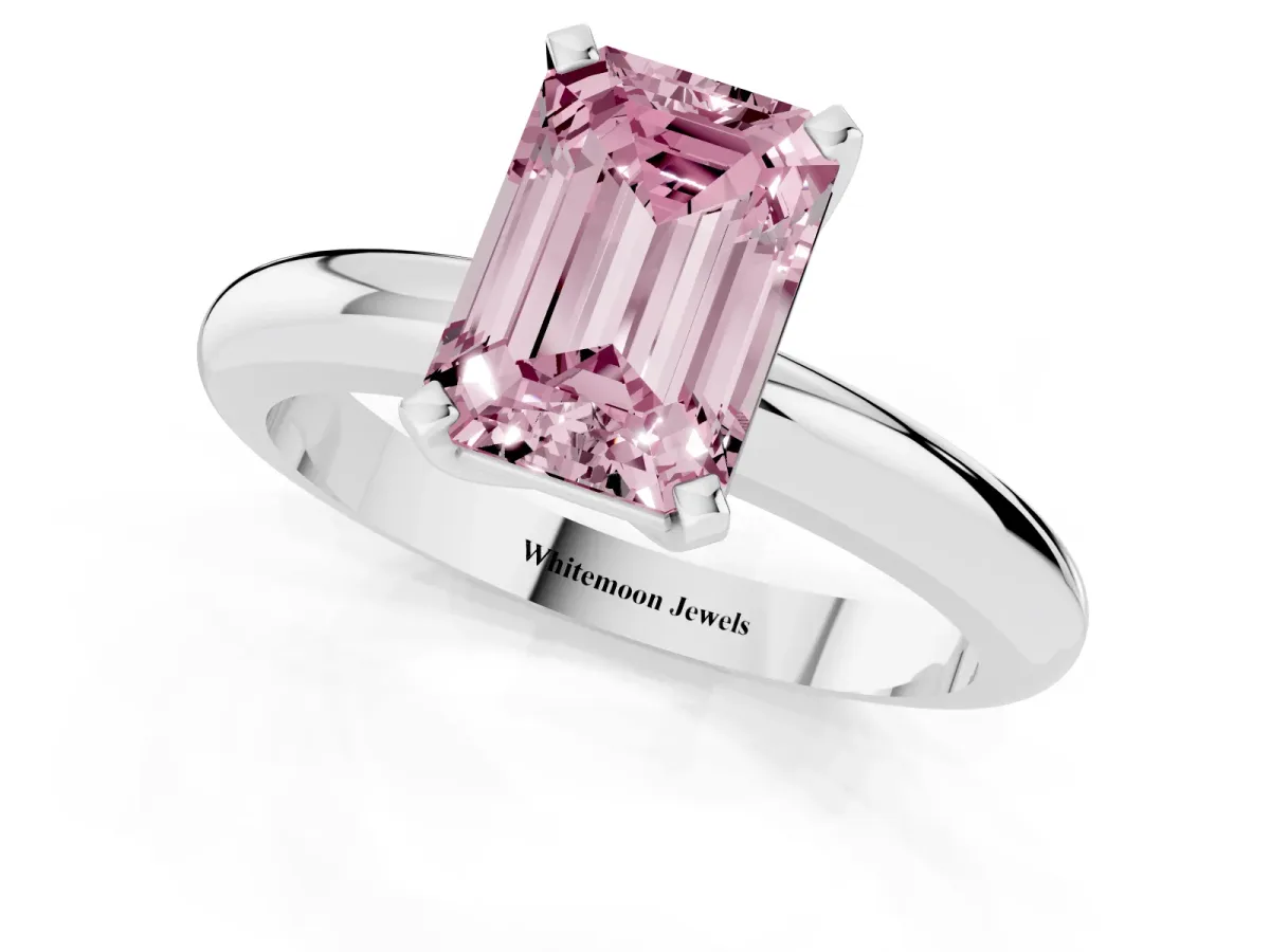 Fancy Pink Emerald Cut Diamond Solitaire Engagement Ring with Round Band and Four-Prong Setting Silver