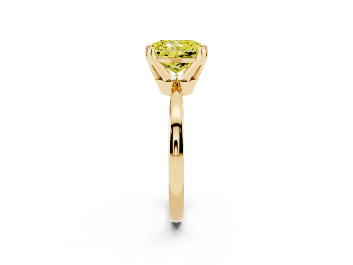 Fancy Yellow Radiant Cut Solitaire Engagement Ring with Six-Prong Setting and Tapered Band Yellow gold
