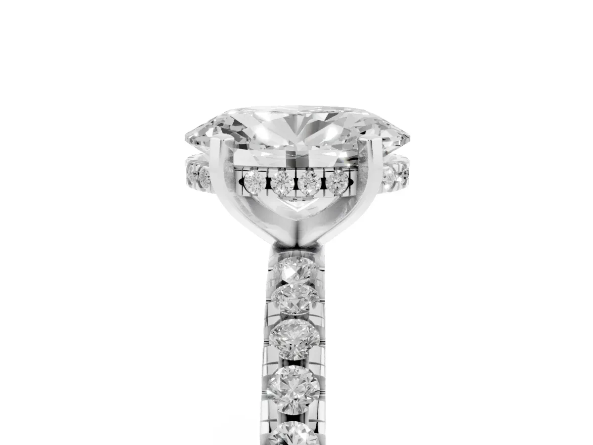 Oval Cut Diamond Solitaire Ring with Round Pavé Band and Four-Prong Setting Silver