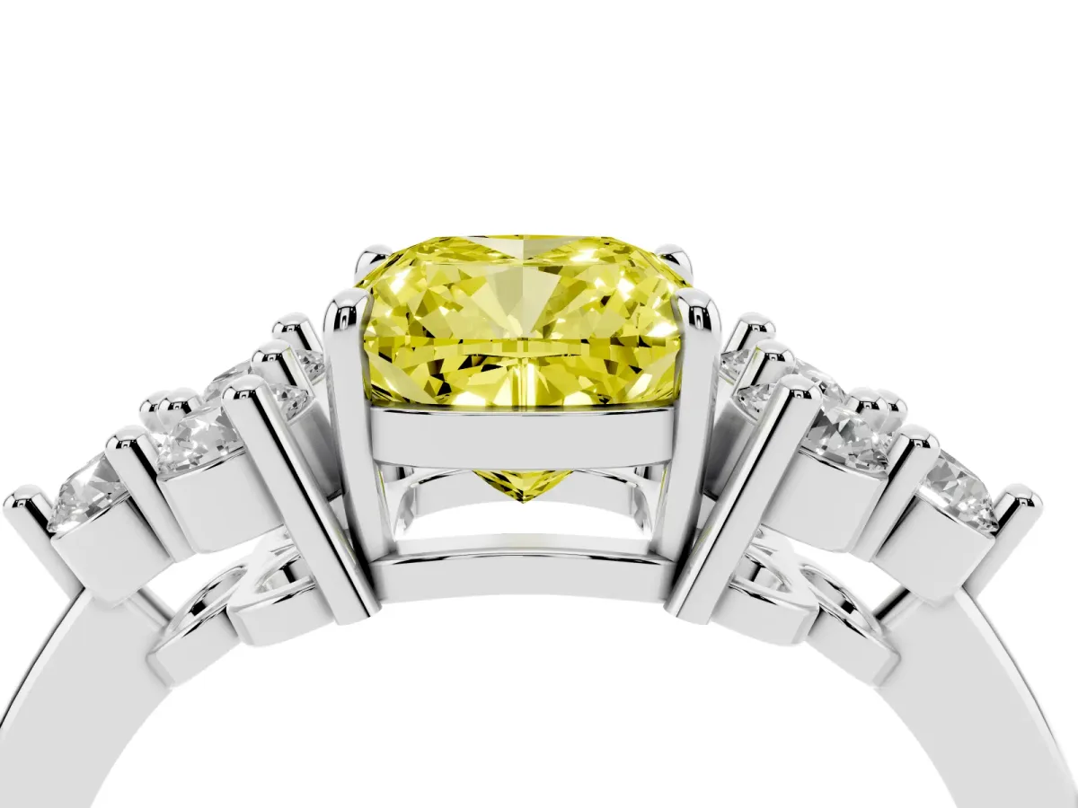 Fancy Yellow Cushion Cut Brilliant Diamond Cluster Accent Solitaire Ring with Prong Setting Silver