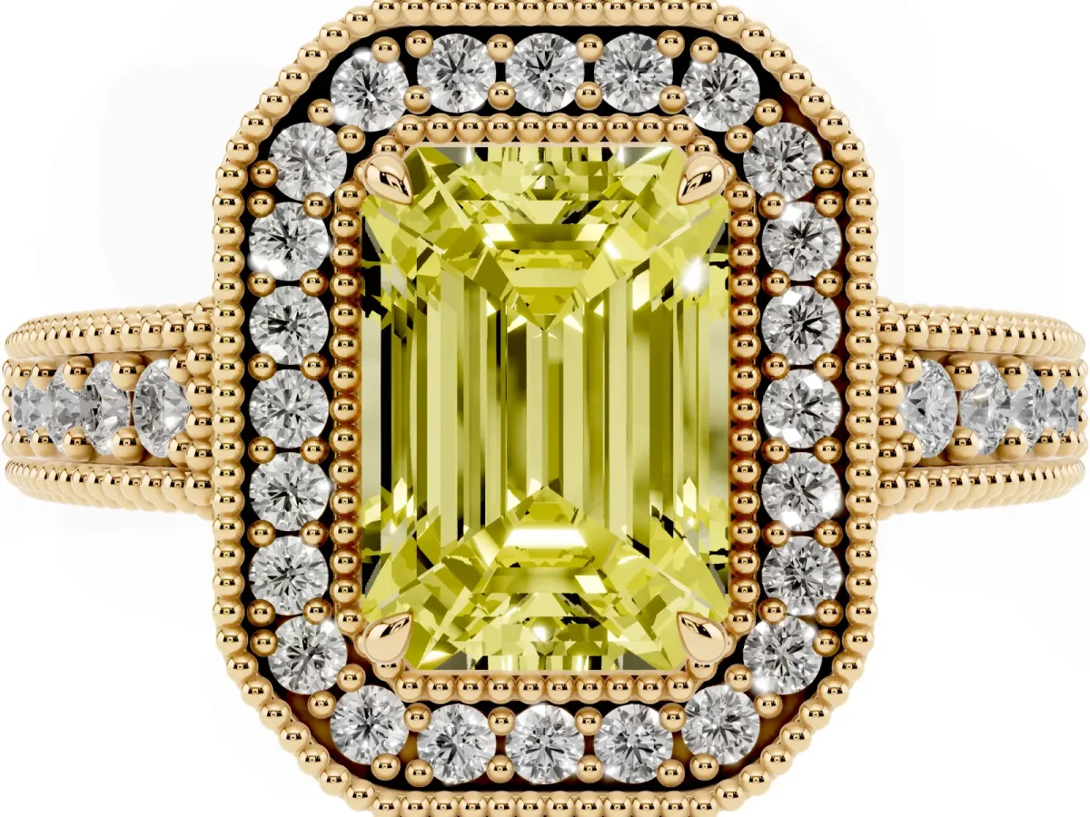 Fancy Yellow Emerald Cut Cut Halo Diamond Ring with Pavé Band and Four-Prong Setting Yellow gold