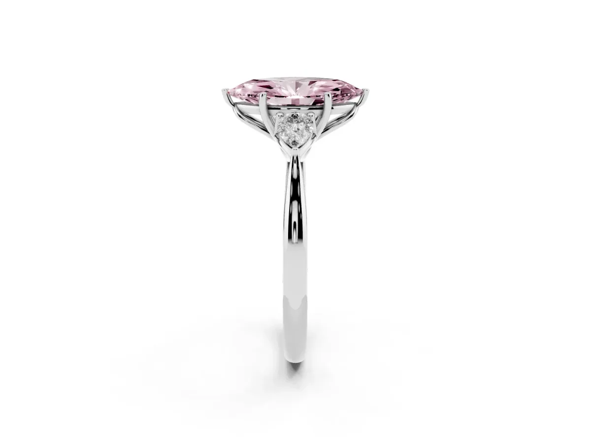 Fancy Pink Marquise Cut Diamond Three-Stone Ring with Pear Side Stones and Prong Setting Silver
