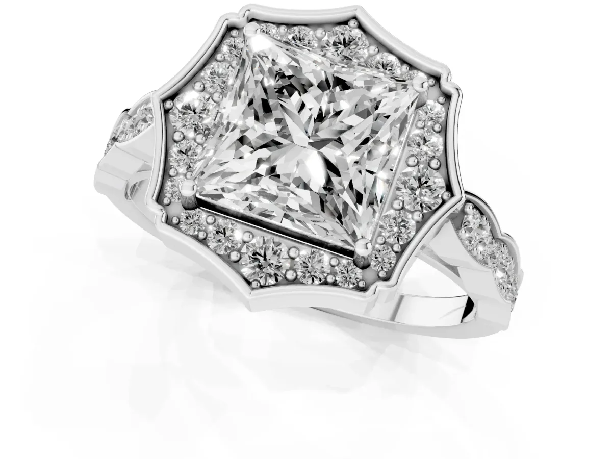 Princess Cut Halo Diamond Engagement Ring with Milgrain Band and Four-Prong Setting White gold