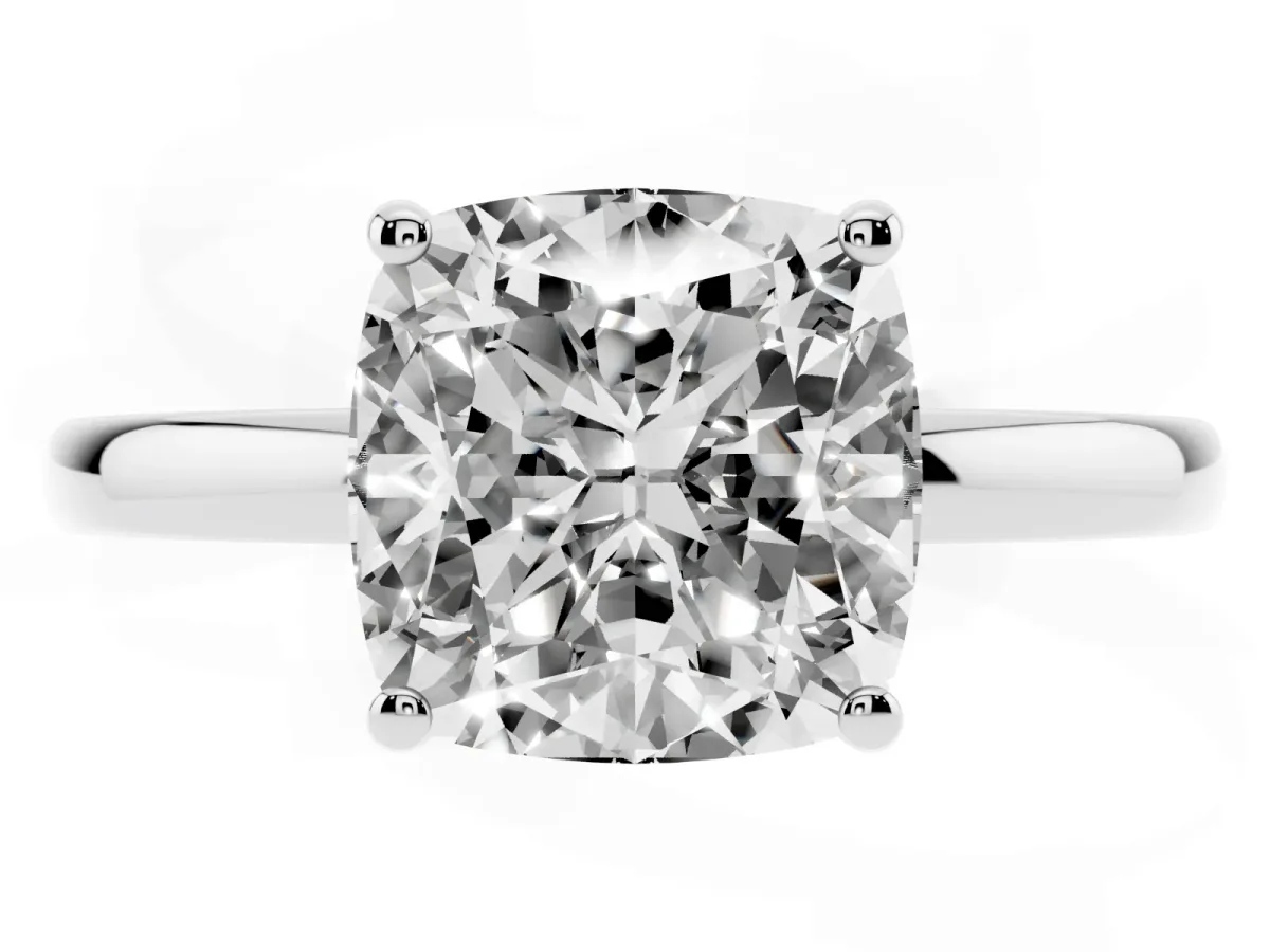 Cushion Cut Solitaire Diamond Ring with Prong Setting and Plain Band Silver