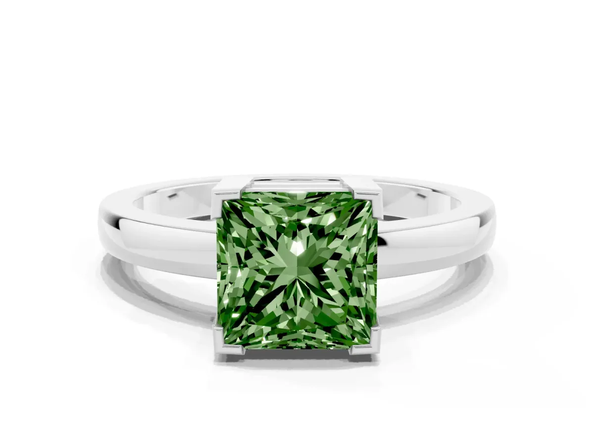 Fancy Green Princess Cut Cut Solitaire Ring with Four-Prong Setting and Classic Band Silver