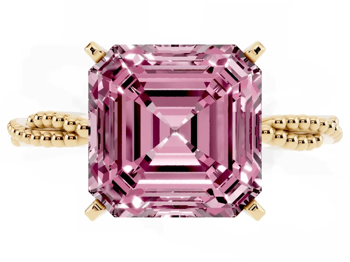 Fancy Pink Asscher Cut Solitaire Twisted Band with Bead Prong Setting Yellow gold