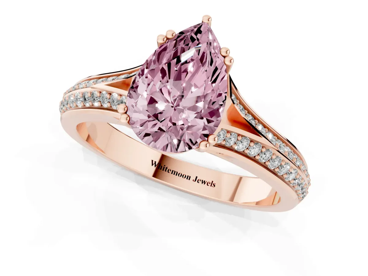 Fancy Pink Pear Cut Diamond Split Shank Engagement Ring with Pavé Band Rose gold