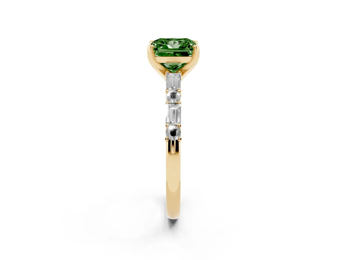 Fancy Green Princess Cut Diamond Solitaire with Side Baguettes and Channel Set Band Yellow gold