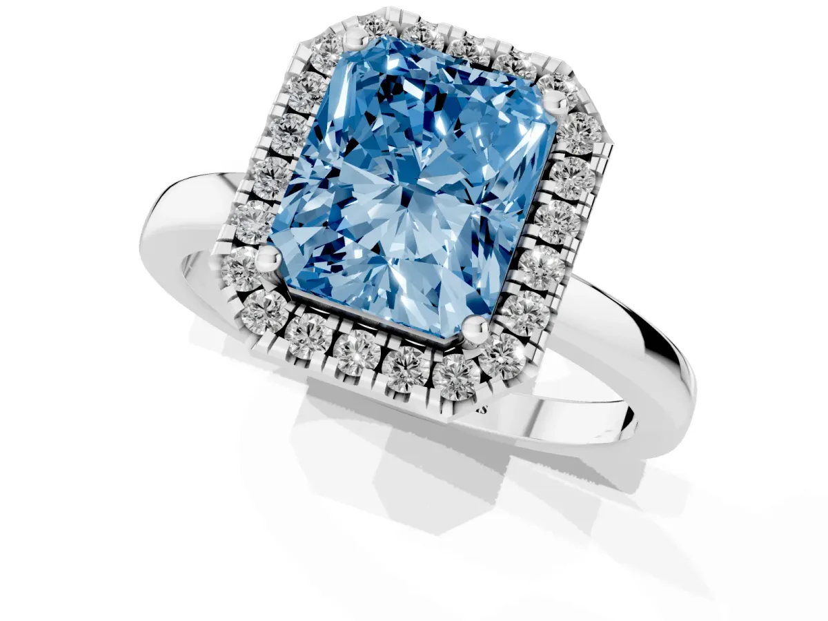 Fancy Blue Radiant Cut Halo Diamond Solitaire with Pavé Band and Four-Prong Setting White gold