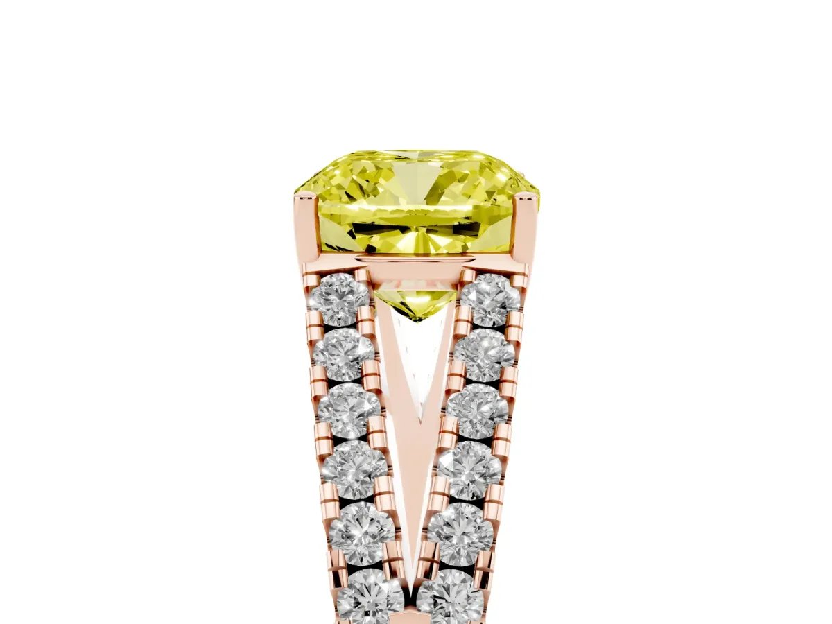 Fancy Yellow Cushion Cut Diamond Split Shank Engagement Ring with Round Pavé and Prong Setting Rose gold