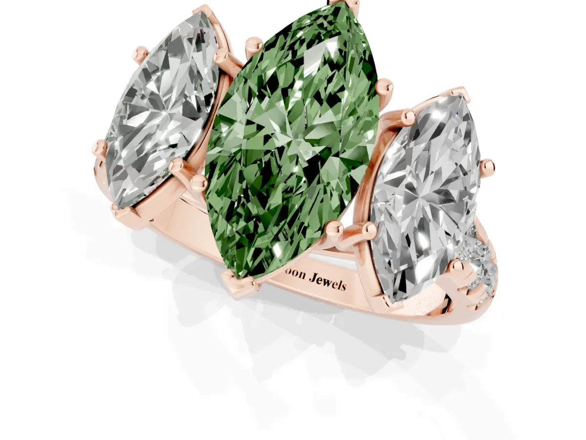 Fancy Green Three-Stone Marquise Cut Diamond Pavé Band with Prong Setting Rose gold