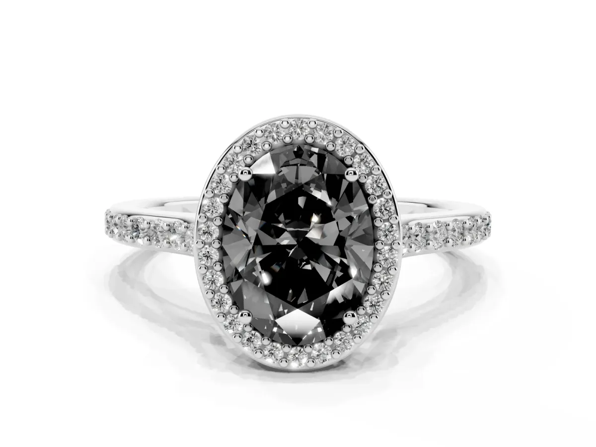Fancy Black Oval Cut Diamond Halo Engagement Ring with Round Pavé Shoulders and Prong Setting Platinum
