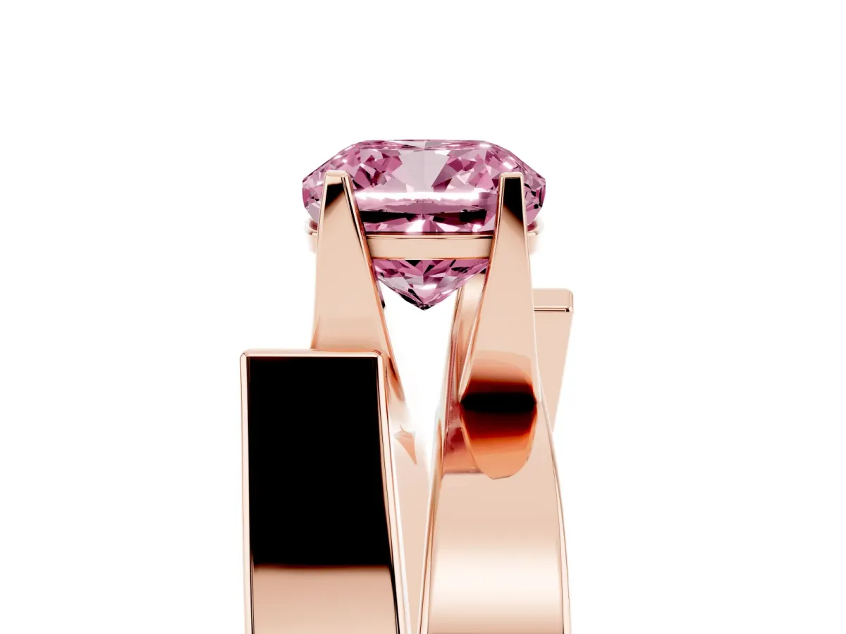 Fancy Pink Modern Tension Set Cushion Cut Diamond Solitaire Wide Band Ring Rose gold