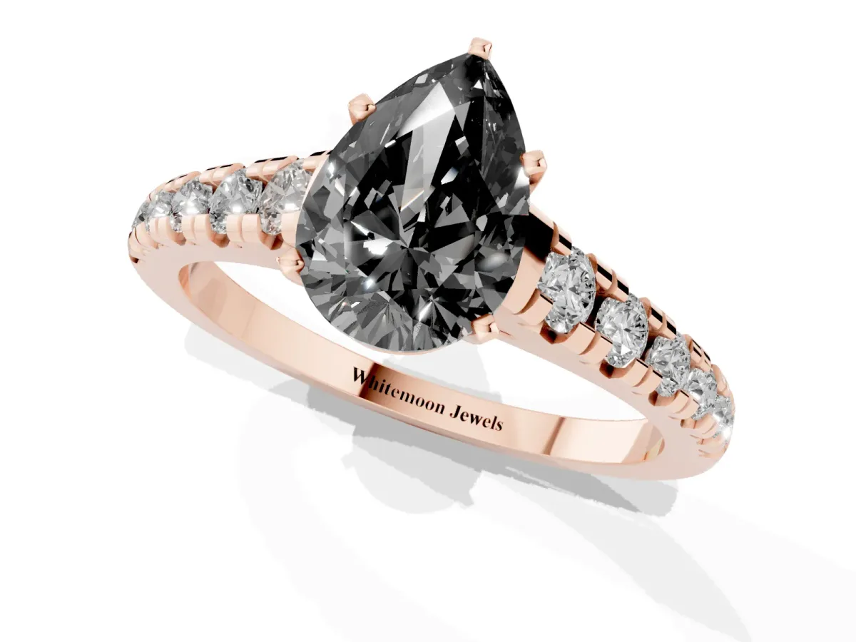 Fancy Black Pear Cut Diamond Cathedral Solitaire Ring with Round Pavé Band Rose gold