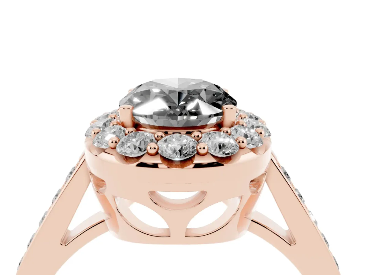 Fancy Black Oval Cut Diamond Floral Halo Ring with Pavé Band and Prong Setting Rose gold