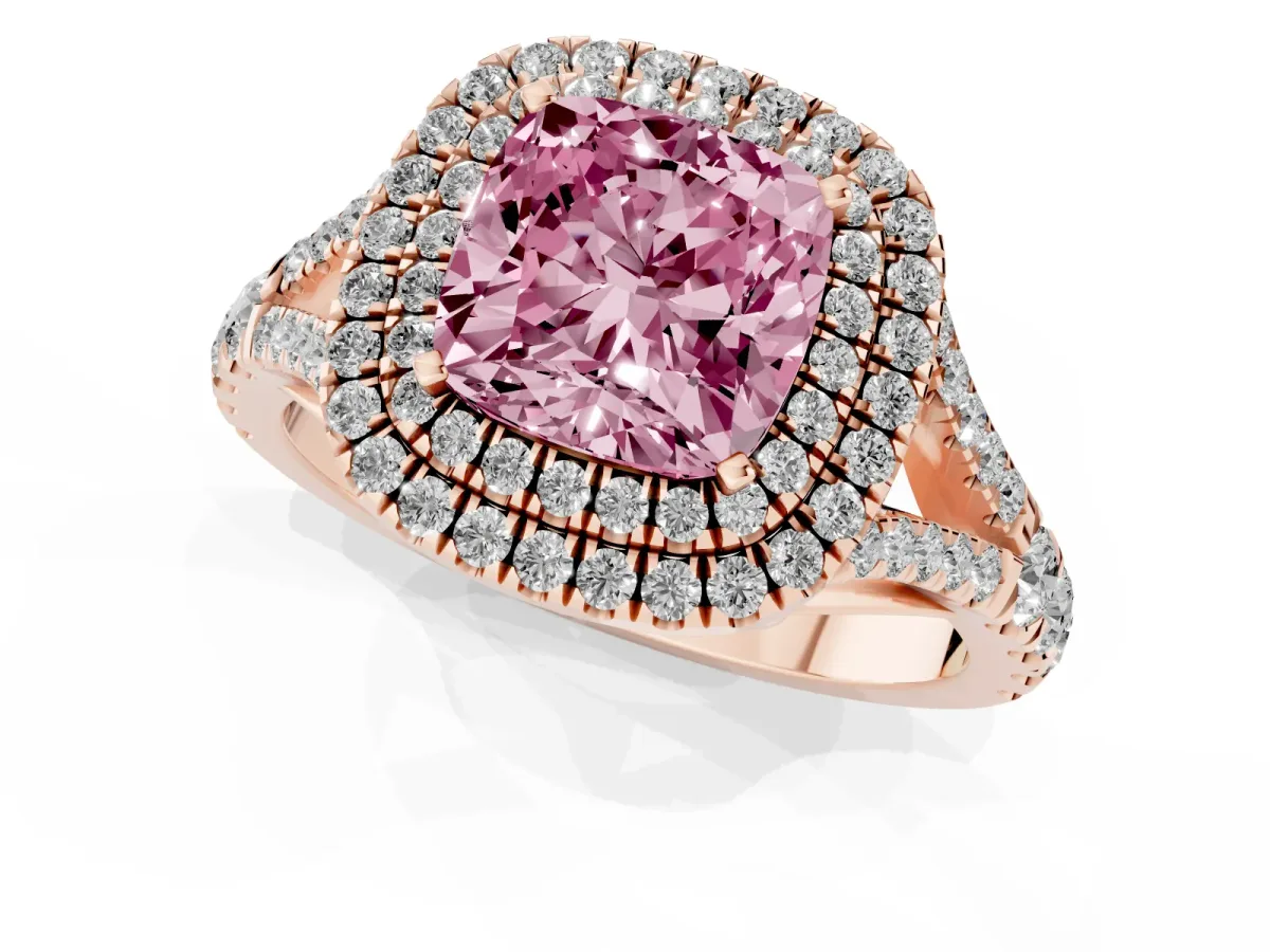 Fancy Pink Cushion Cut Diamond Pavé Split Shank Double Halo Engagement Ring Rose gold