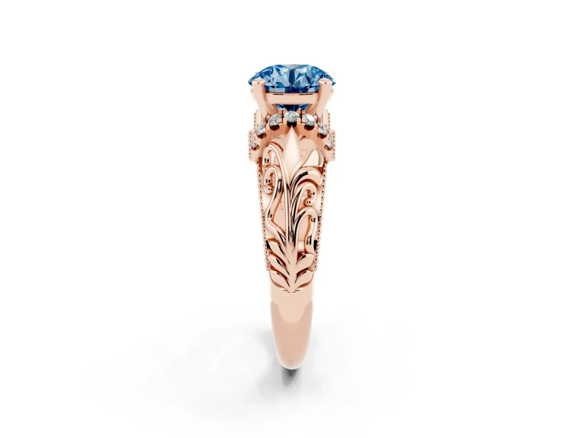 Fancy Blue Round Cut Solitaire Filigree Engagement Ring with Halo and Prong Setting Rose gold