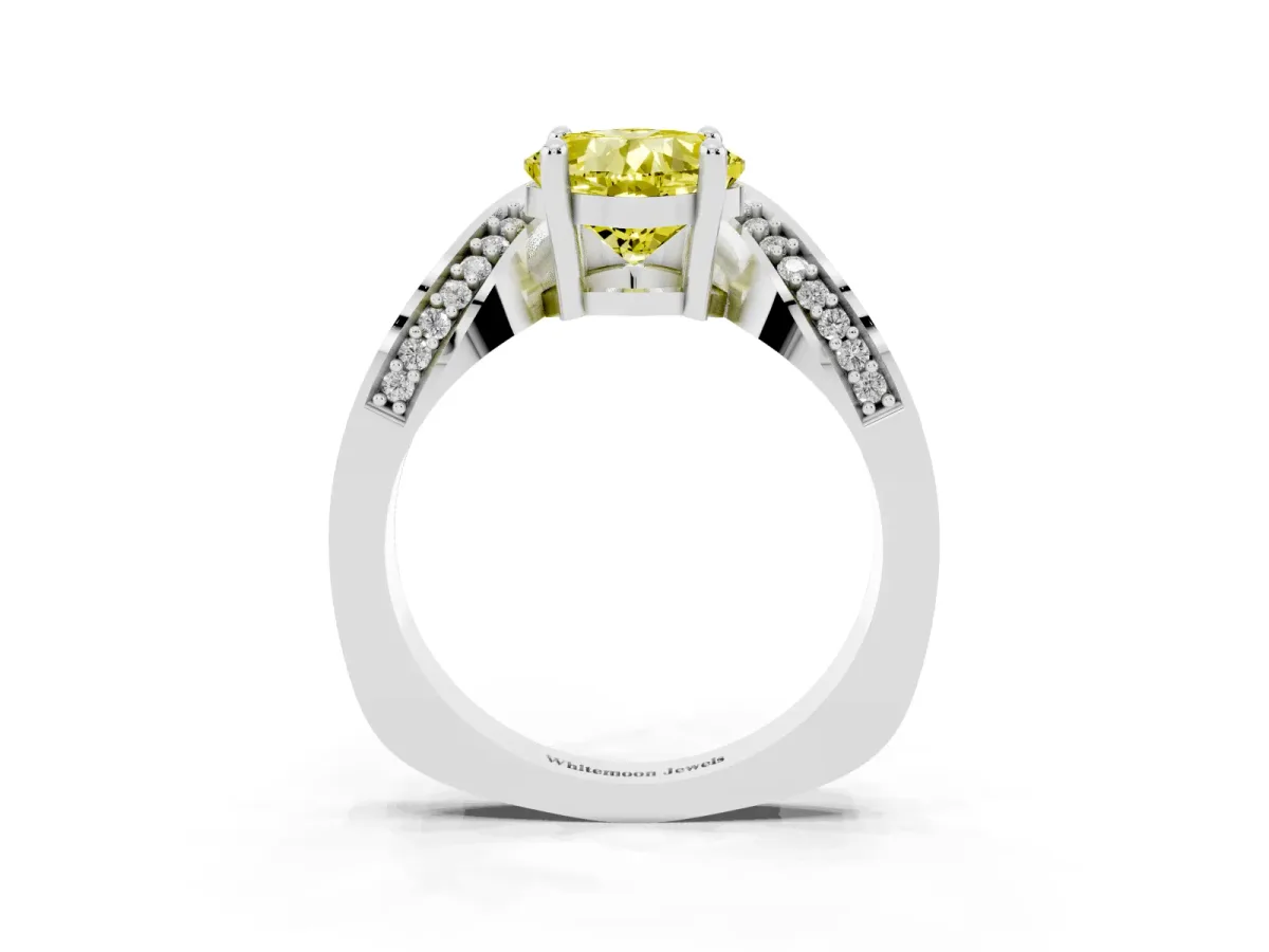 Fancy Yellow Cushion Cut Solitaire Diamond Engagement Ring with Pave Band and Four-Prong Setting Silver