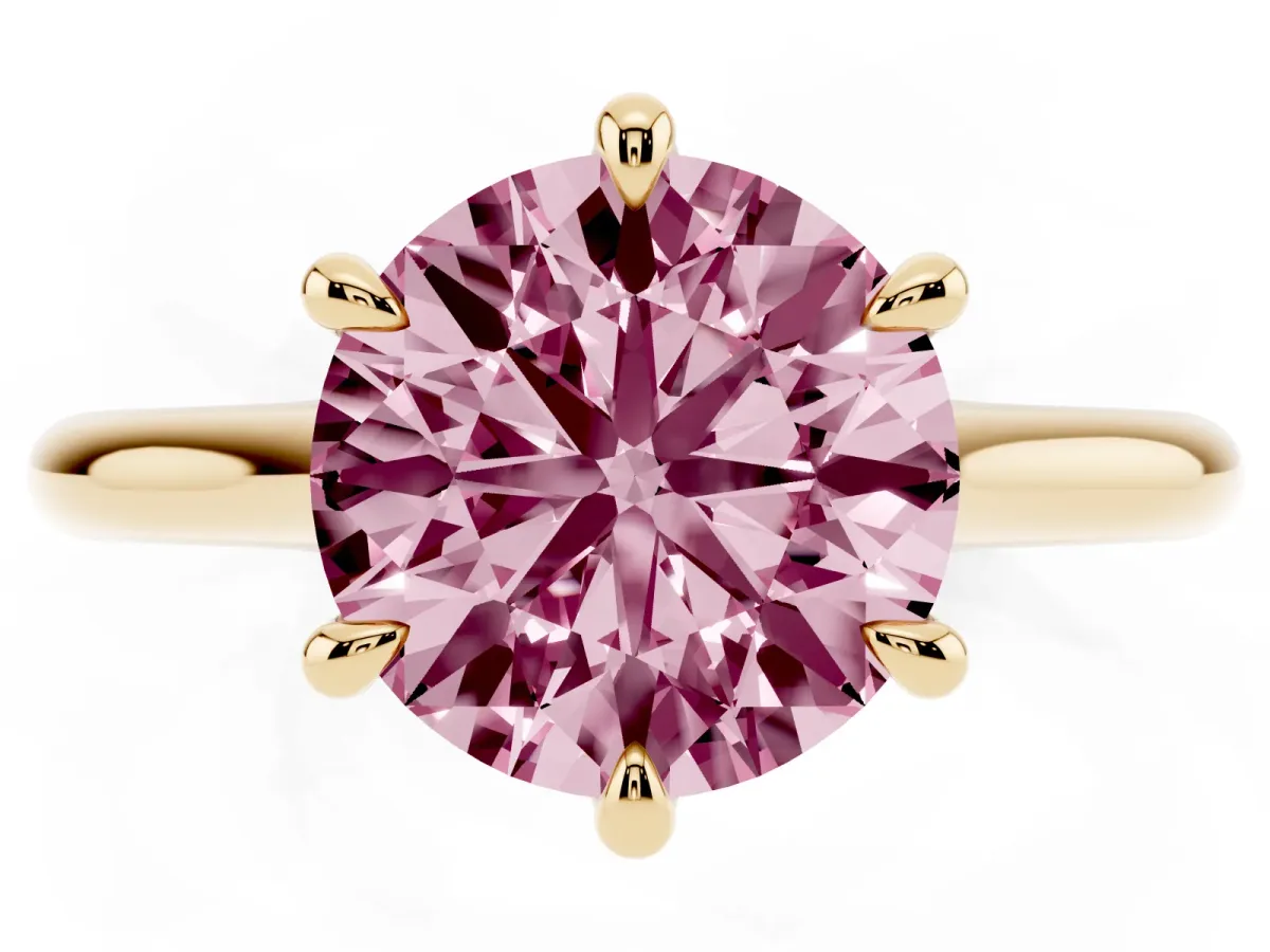 Fancy Pink Round Cut Solitaire Engagement Ring with Six-Prong Setting and Classic Band Yellow gold