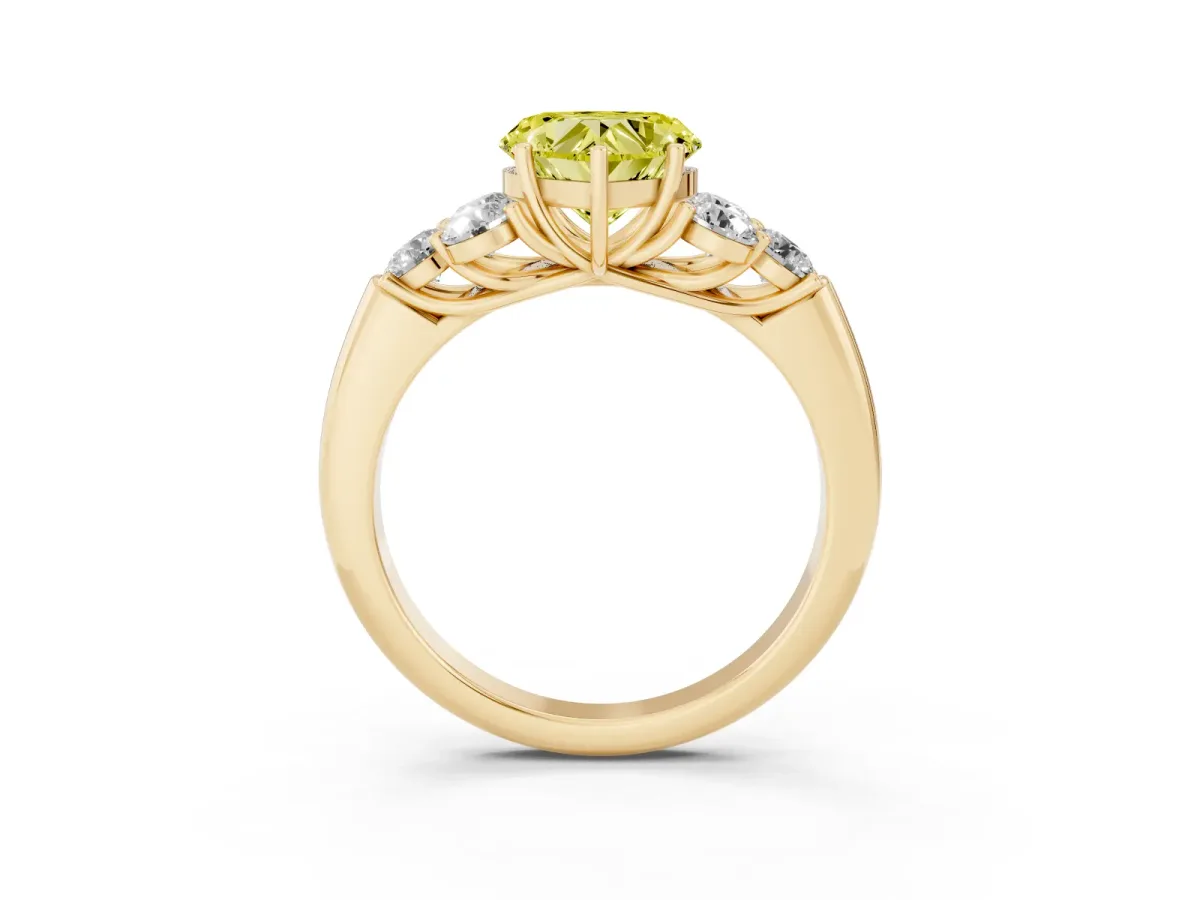 Fancy Yellow Heart Cut Cut Diamond Cluster Ring with Round Accent Stones and Prong Setting on a Classic Band Yellow gold