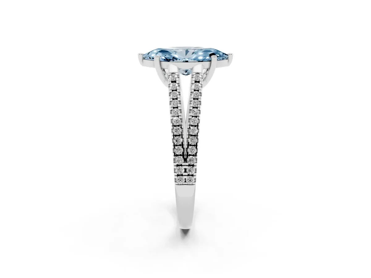 Fancy Blue Marquise Cut Diamond Solitaire Engagement Ring with Split Shank Pavé Band Silver