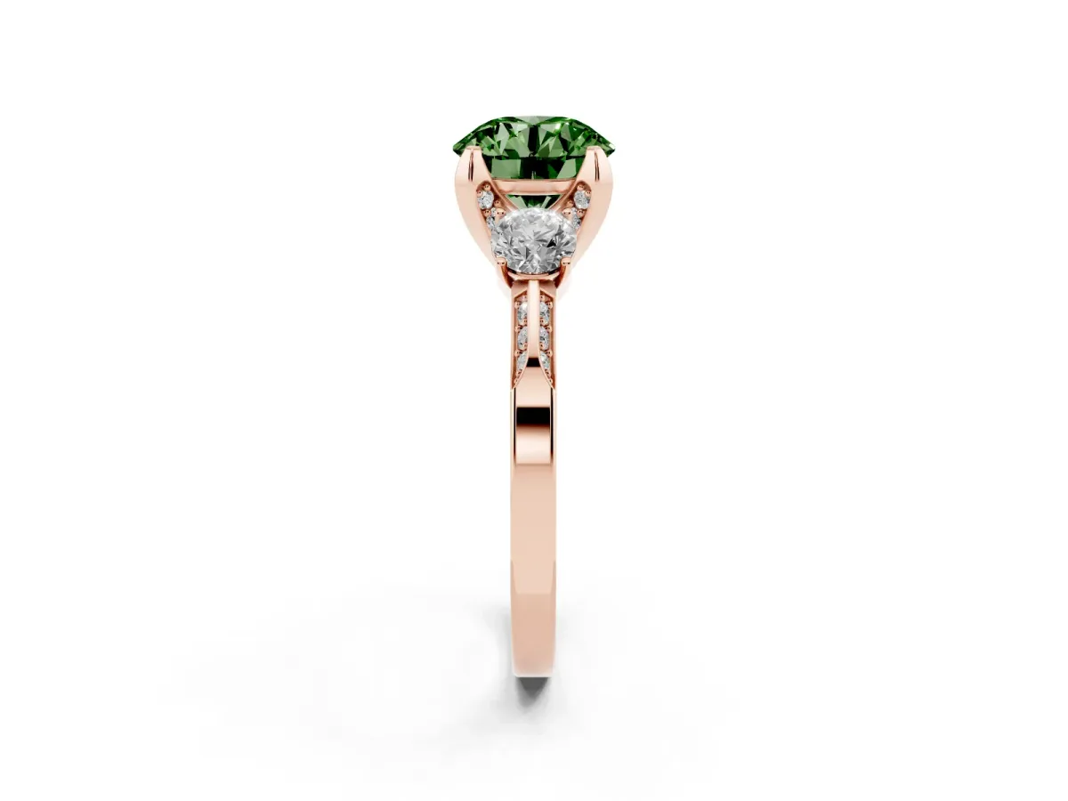 Fancy Green Round Cut Brilliant Three-Stone Diamond Ring with Pavé Band and Four-Prong Setting Rose gold