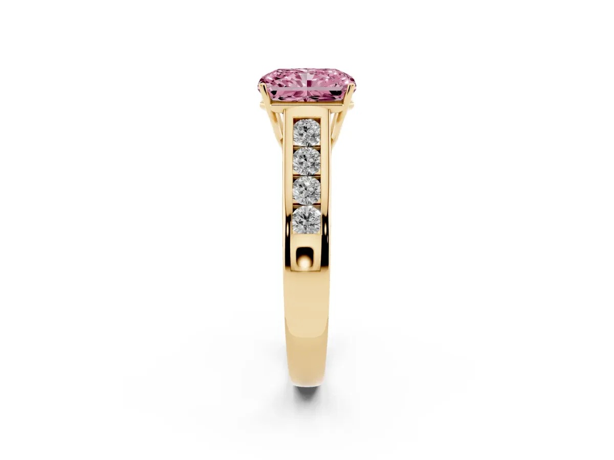Fancy Pink Radiant Cut Solitaire Channel-Set Diamond Engagement Ring with Four-Prong Setting Yellow gold