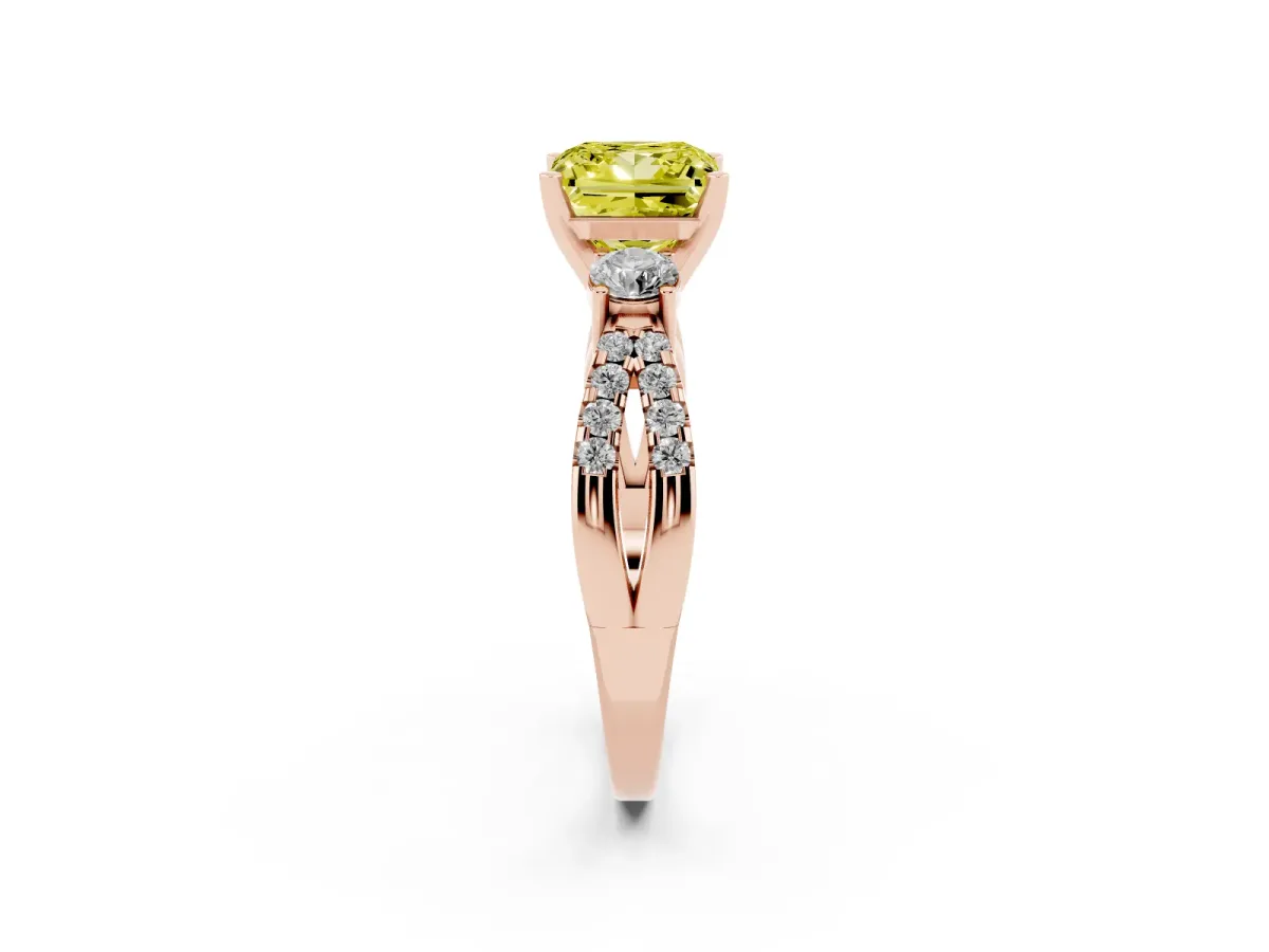 Fancy Yellow Princess Cut Diamond Three-Stone Ring with Pavé Split Shank and Four-Prong Setting Rose gold