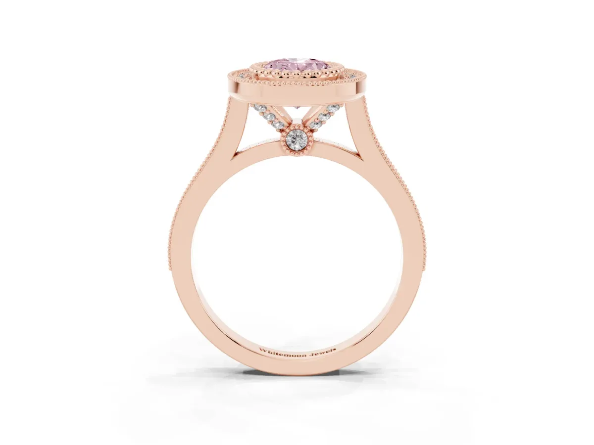 Fancy Pink Oval Cut Diamond Halo Ring with Milgrain Frame and Pavé Band Rose gold