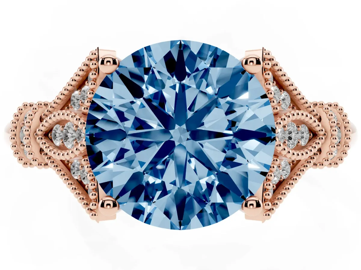 Fancy Blue Round Cut Diamond Solitaire Ring with Floral Filigree and Pave Accents Rose gold