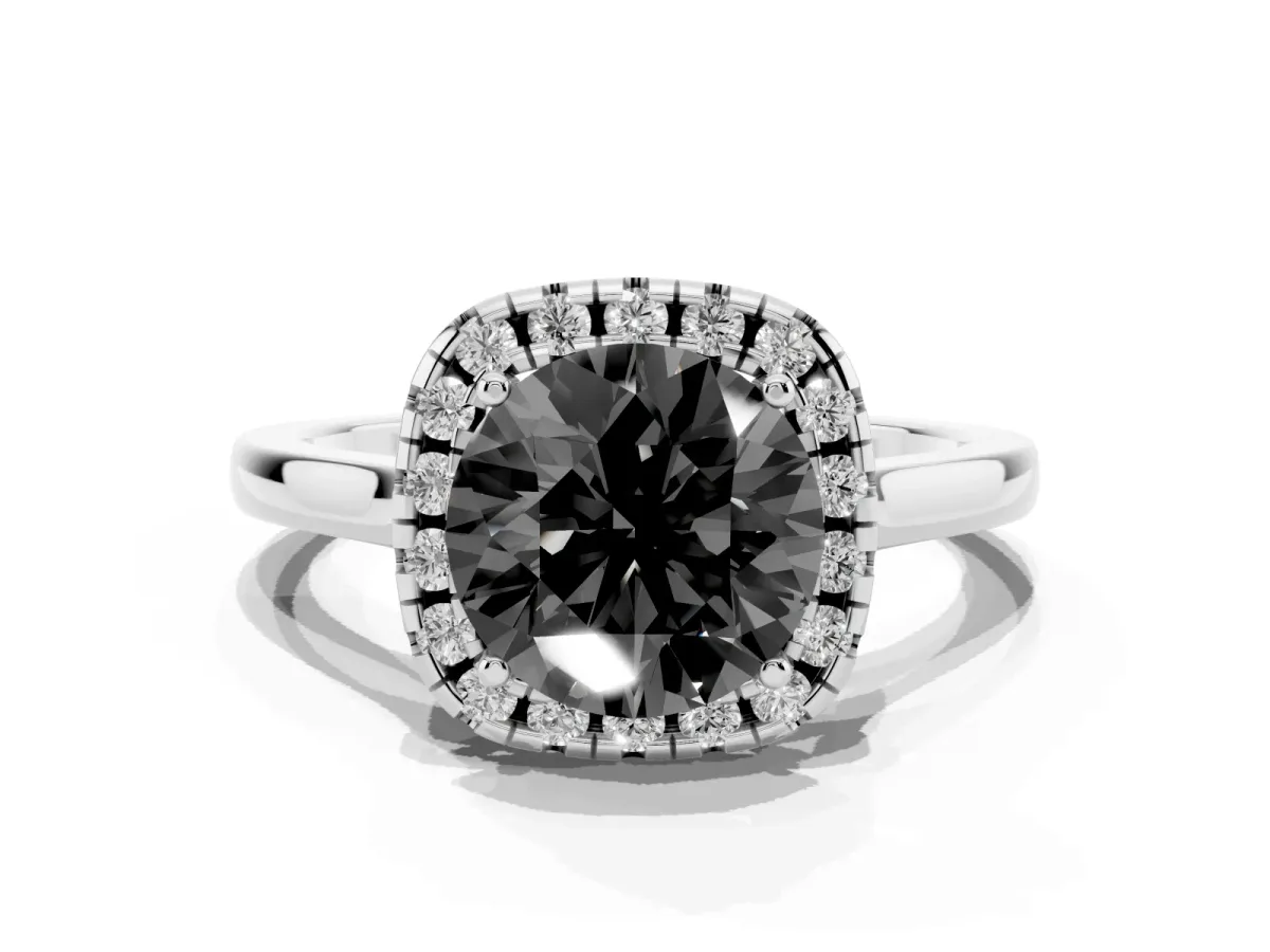 Fancy Black Round Cut Halo Round Diamond Solitaire Ring with Pavé Band and Four-Prong Setting Platinum