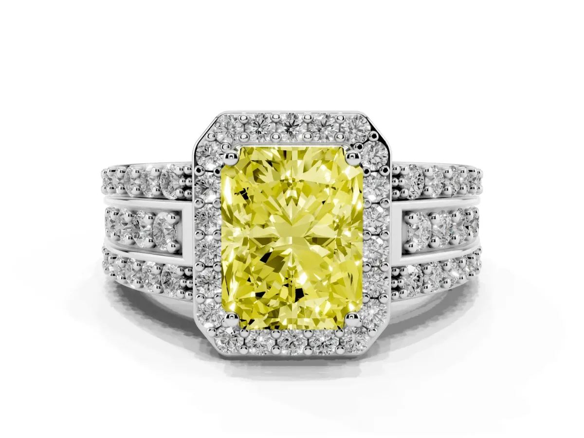 Fancy Yellow Radiant Cut Halo Diamond Ring with Round Split Shank and Prong Setting Silver