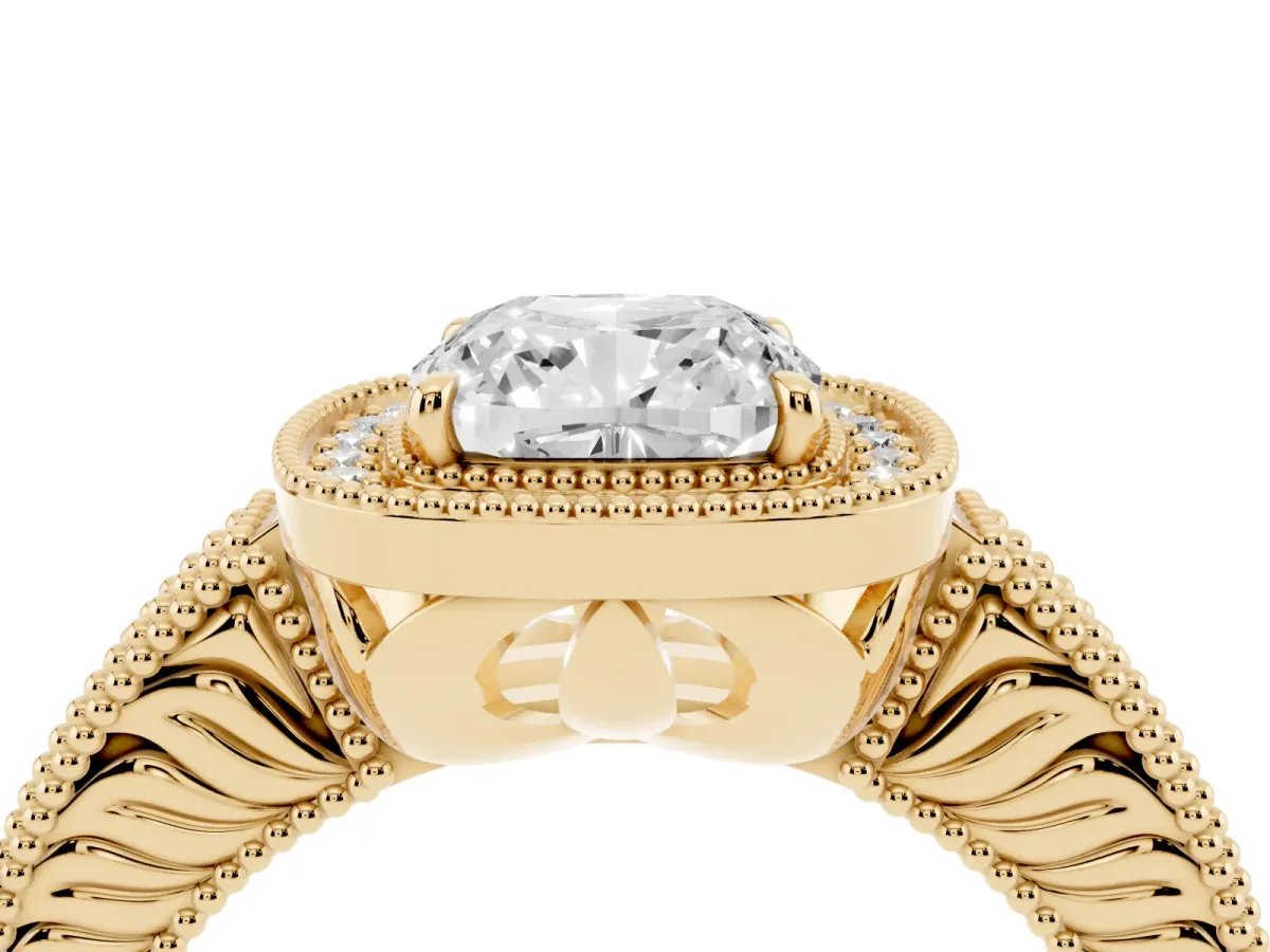 Cushion Cut Cut Halo Diamond Ring with Pavé Band and Four-Prong Setting Yellow gold