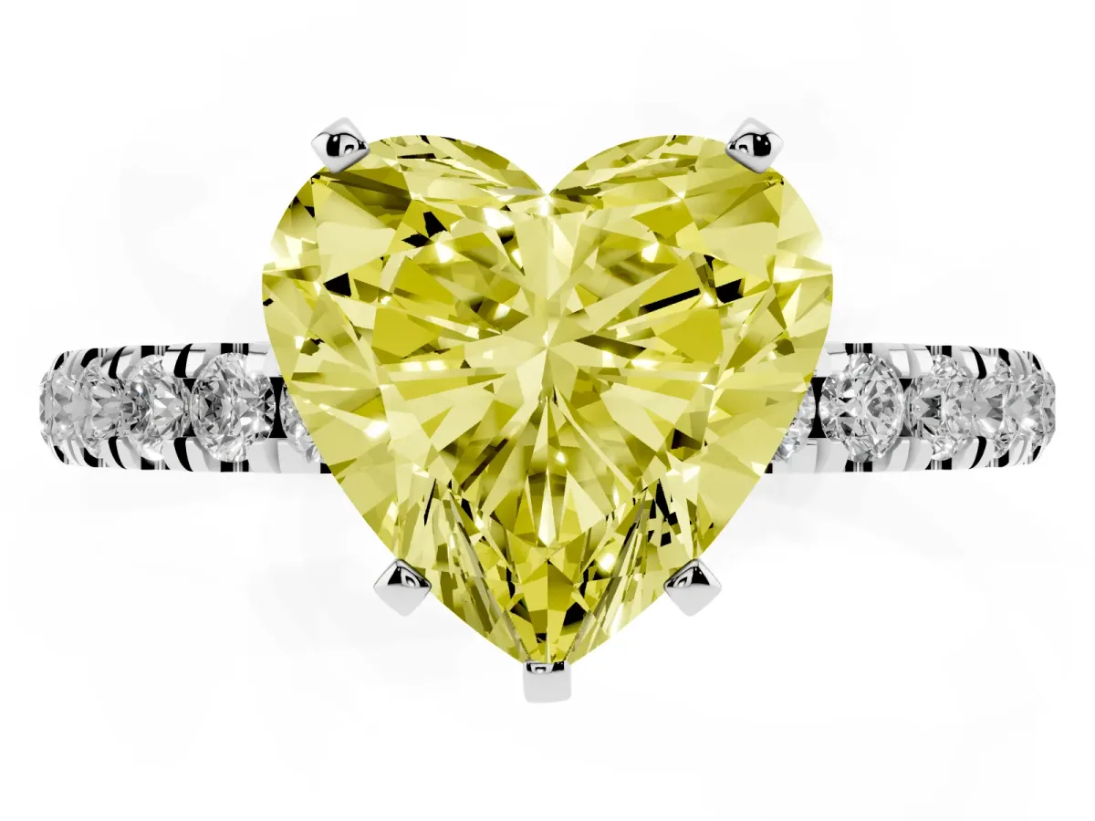 Fancy Yellow Heart Cut Diamond Solitaire Ring with Pavé Accents and Four-Prong Setting Platinum