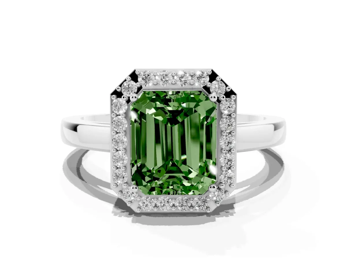Fancy Green Radiant Cut Halo Diamond Ring with Solitaire Band and Prong Setting White gold