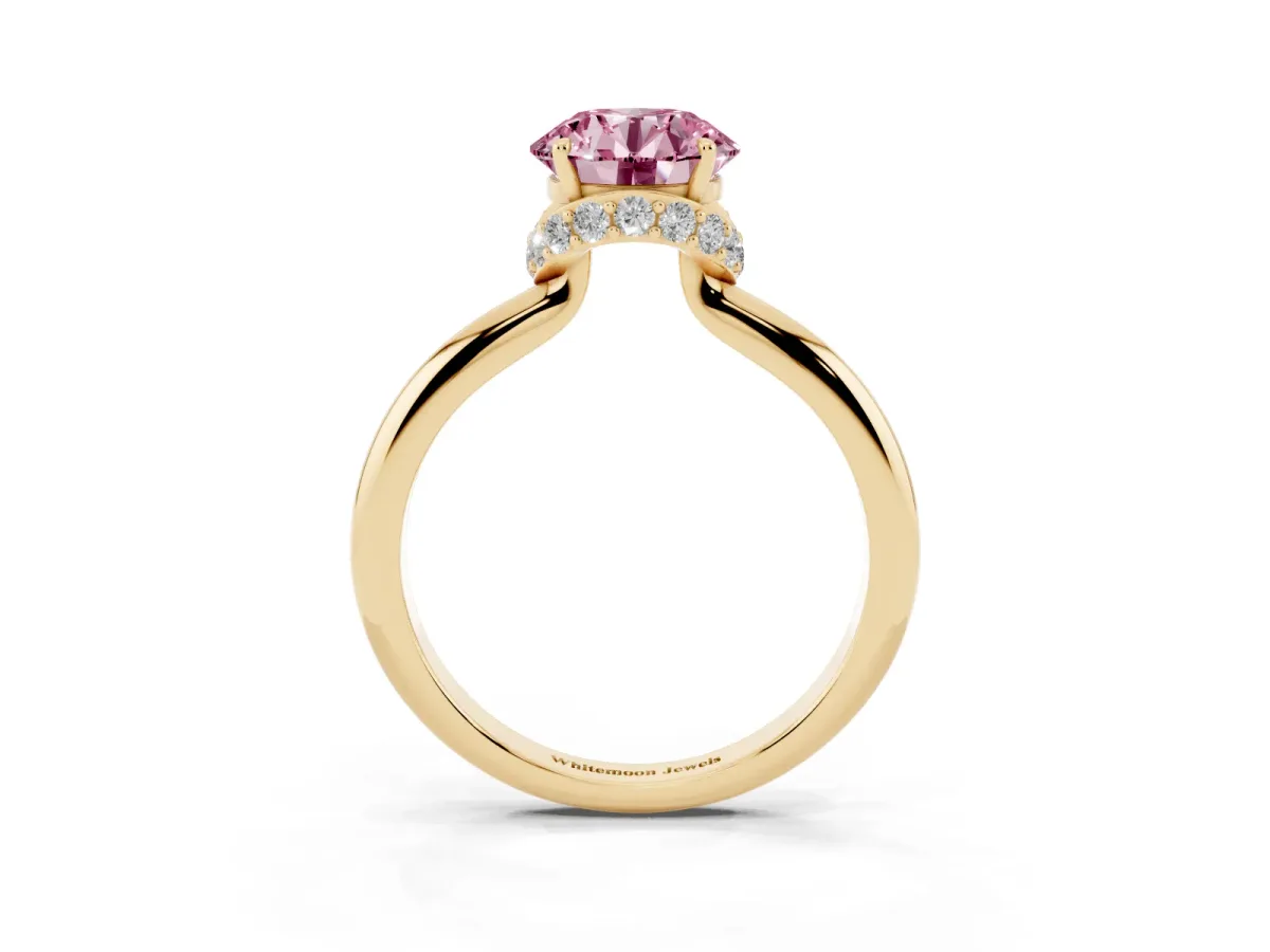 Fancy Pink Round Cut Brilliant Solitaire Engagement Ring with Six-Prong Setting and Classic Band Yellow gold