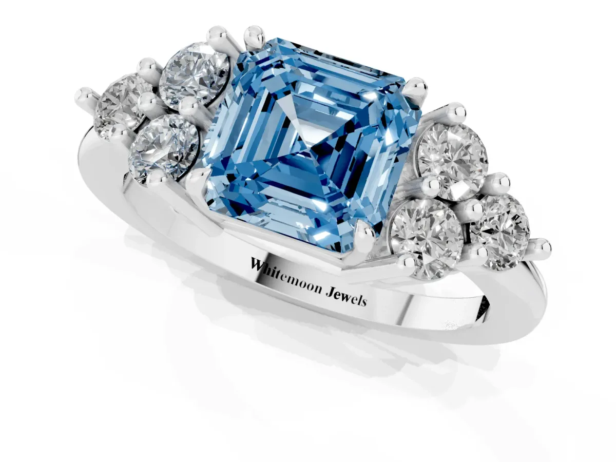 Fancy Blue Asscher Cut Brilliant Diamond Cluster Accent Solitaire Ring with Prong Setting White gold