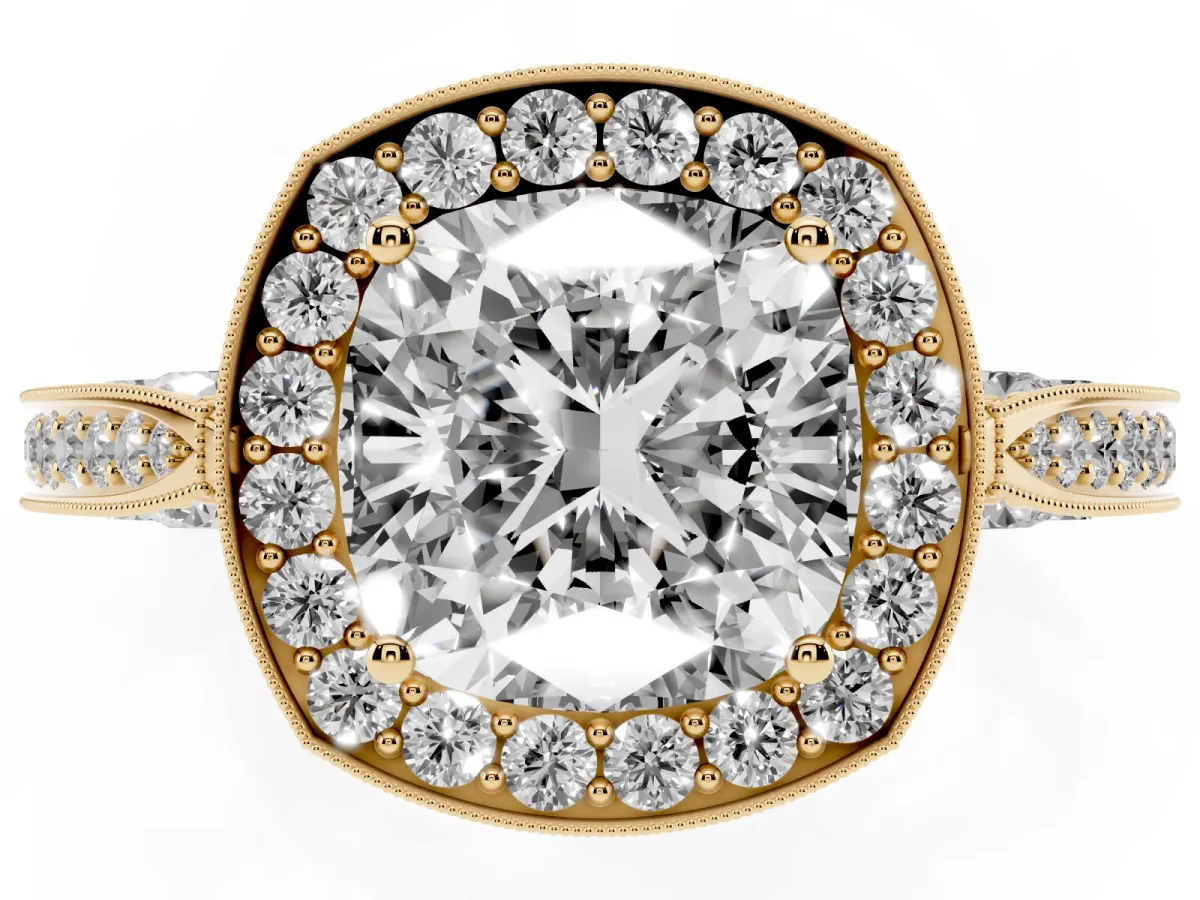 Cushion Cut Halo Diamond Engagement Ring with Split Shank Band and Four-Prong Setting Yellow gold