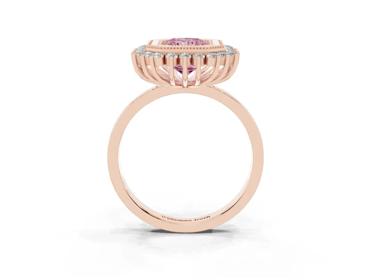 Fancy Pink Radiant Cut Halo Diamond Ring with Milgrain Edge and Round Prong Setting Rose gold