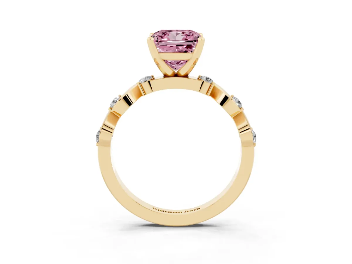 Fancy Pink Princess Cut Diamond Solitaire Twisted Band with Round Accents and Prong Setting Yellow gold