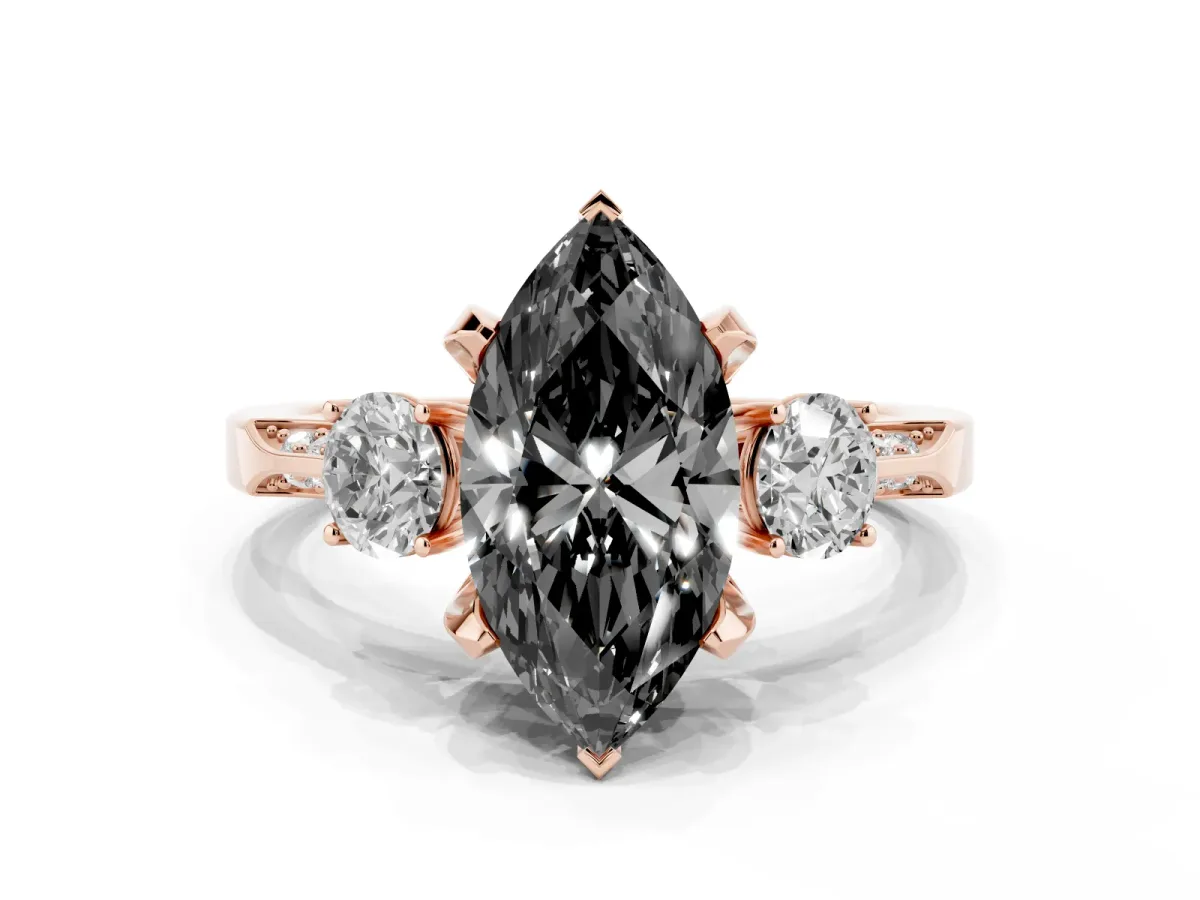 Fancy Black Marquise Cut Brilliant Three-Stone Diamond Ring with Pavé Band and Four-Prong Setting Rose gold