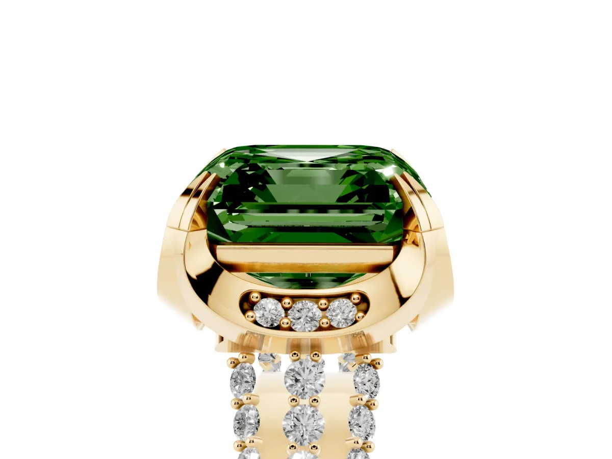 Fancy Green Asscher Cut Solitaire Pave Split Shank Ring with Four-Prong Setting Yellow gold