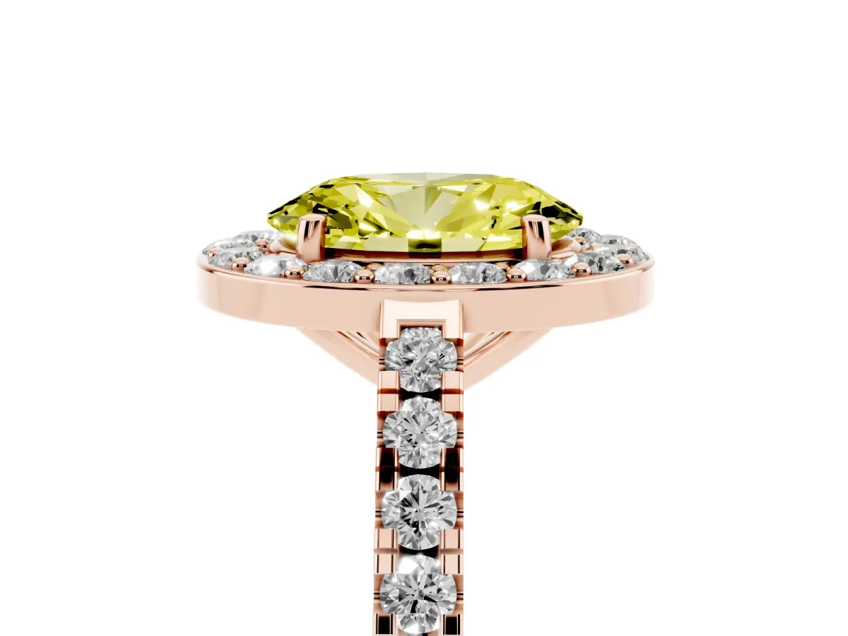 Fancy Yellow Oval Cut Diamond Halo Ring with Round Pavé Split Shank and Prong Setting Rose gold