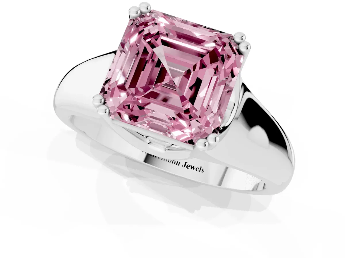 Fancy Pink Asscher Cut Diamond Solitaire Ring with Wide Band and Prong Setting Platinum