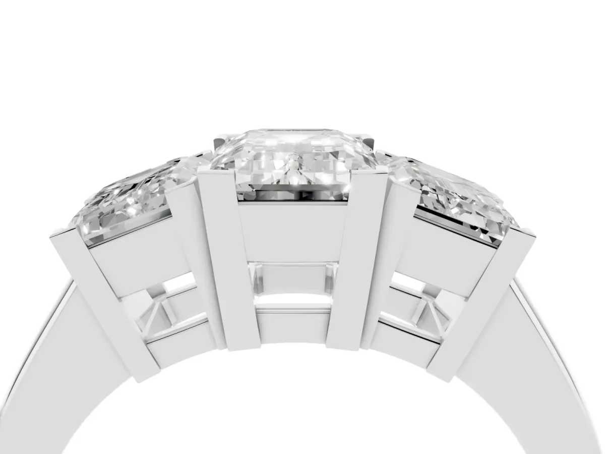 Three-Stone Emerald Cut Cut Diamond Ring with Channel Set Band and Four-Prong Setting Silver