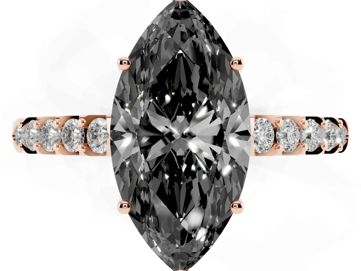 Fancy Black Marquise Cut Solitaire Diamond Engagement Ring with Pavé Band and Six-Prong Setting Rose gold