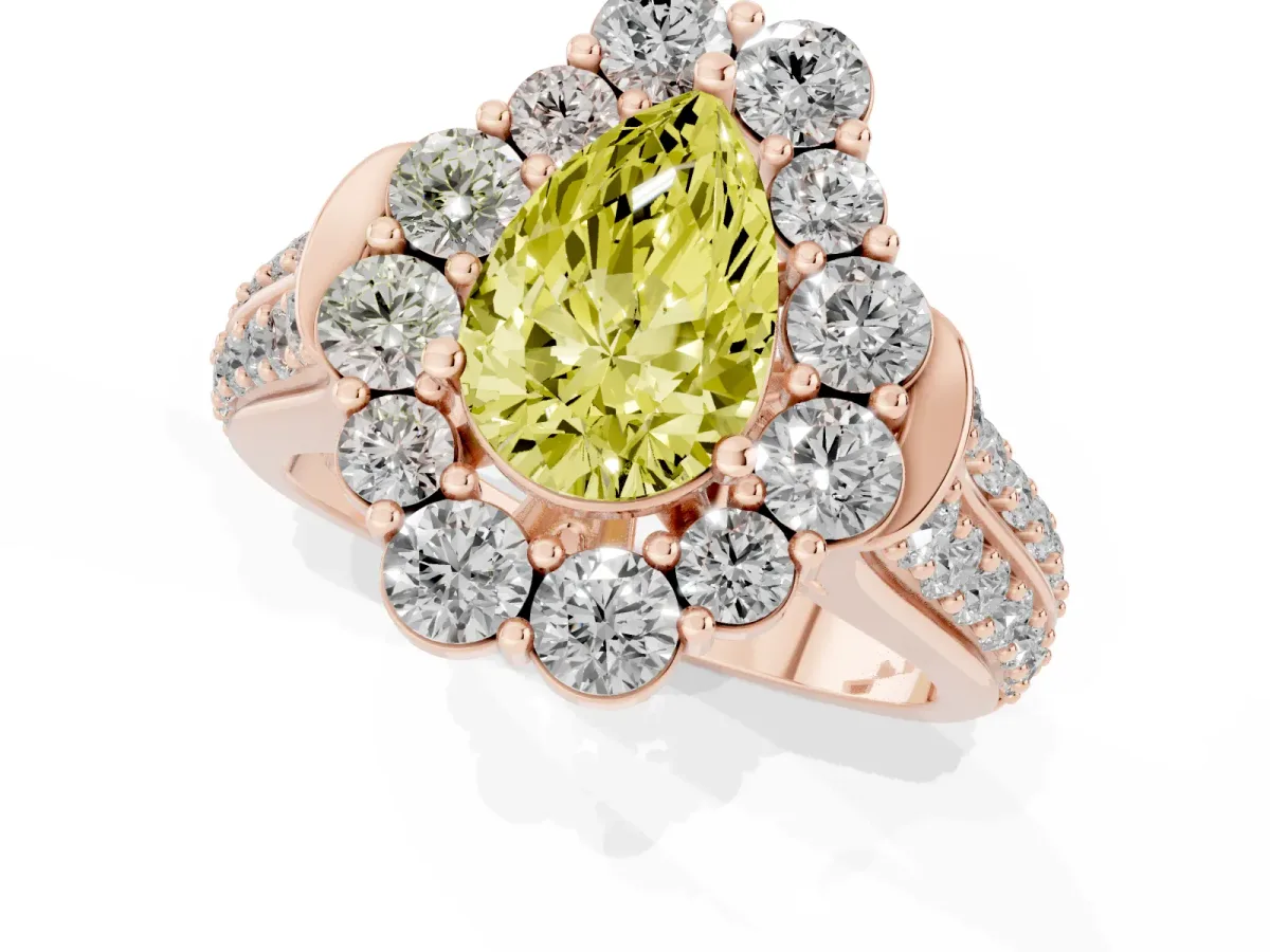 Fancy Yellow Pear Cut Halo Diamond Engagement Ring with Split Shank and Prong Setting Rose gold